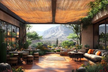 Western desert cafe with open-air seating high resolution picture