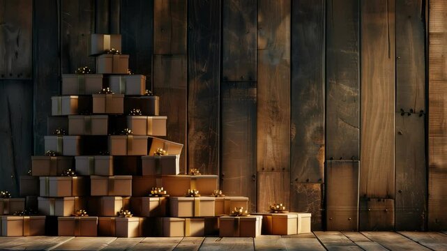 A stack of gift boxes arranged like a Christmas tree stands on a wooden floor against a wood-paneled wall. The presents are wrapped with golden ribbons and bows. The scene has warm lighting.