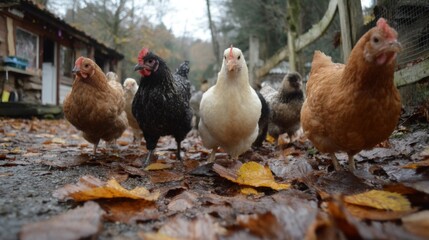 Colorful Chickens Walking on Wet Autumn Leaves