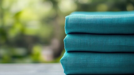 Teal fabric folds in a stack displayed outdoors.
