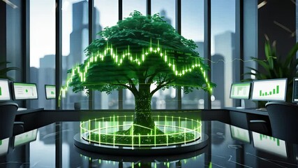 Glowing green tree with digital chart patterns in modern office with cityscape view through large windows - Powered by Adobe
