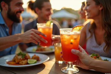 Close Up Shot of People Cheers, Making Toasts and Touch with Cocktail Glasses at Party Celebration with Friends on a Warm Summer Evening. Beautiful People Enjoy Life on a Weekend. AI