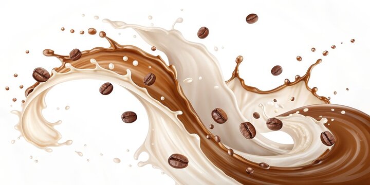 Coffee Splash Art Cream and Roasted Beans Bursting in Motion, latte , drink