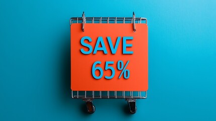 Bright orange sale sign reading "SAVE 65%" hangs against a blue wall, highlighting a significant discount offer.