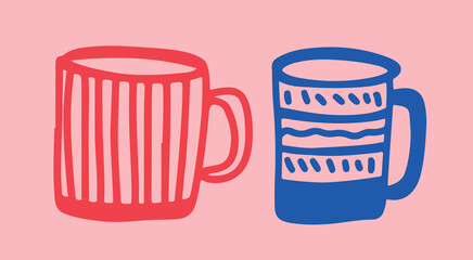 Coffee drawing, engraving, ink, line art, vector. Red blue	
