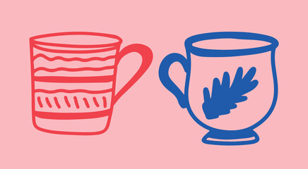 Coffee drawing, engraving, ink, line art, vector. Red blue	
