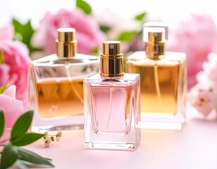 Different perfume bottles and sampler with plants on a pink floral background.