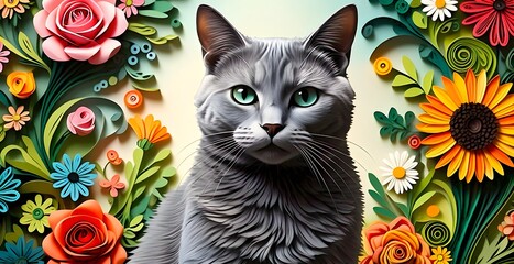 Russian Blue cat with the fresh garden in quilling paper style.