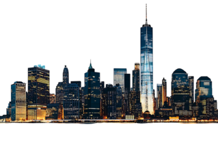 New York City's skyline at night with illuminated skyscrapers. Isolated on a white background..