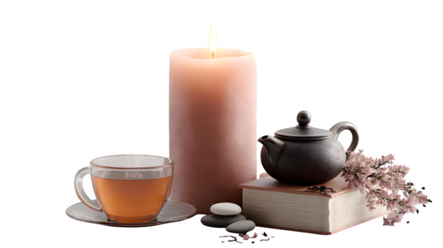 3D render of a candle, tea, and mindfulness set, transparent background