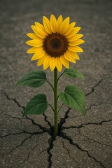 A vibrant sunflower growing through cracked earth showcasing resilience and the power of nature and life