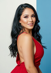 Naklejka premium Confident Beautiful Woman Red Dress Studio Portrait Elegant Fashion