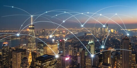 Connected Cityscape Network Over New York at Night , Smart City, Connectivity