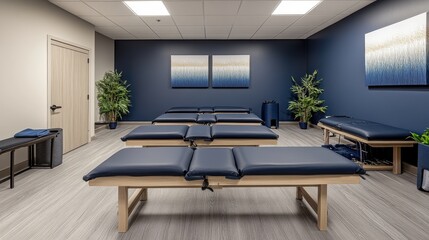 Orthopedic pillows and therapy blocks neatly displayed in a modern chiropractic clinic