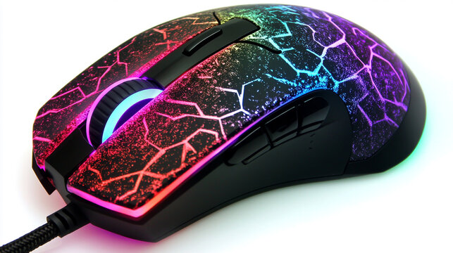 Gaming mouse with rainbow LED lights, large pixel dot pattern on the surface of the gaming computer mouse