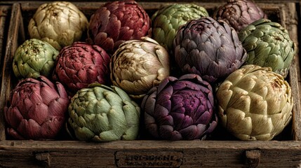 Fototapeta premium Colorful Artichokes in Rustic Wooden Box