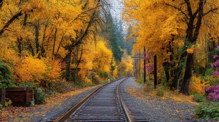 Obraz premium Autumn Railroad Track Through Golden Leaves