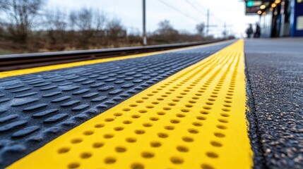 Fototapeta premium Close-up view of yellow and dark gray platform tactile paving.