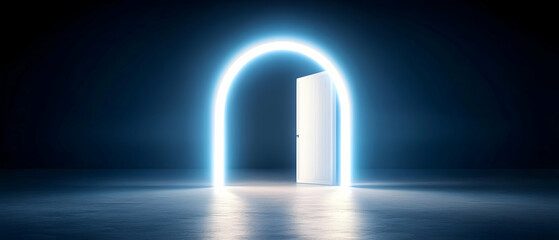Glowing Neon Portal Doorway In Dark Room