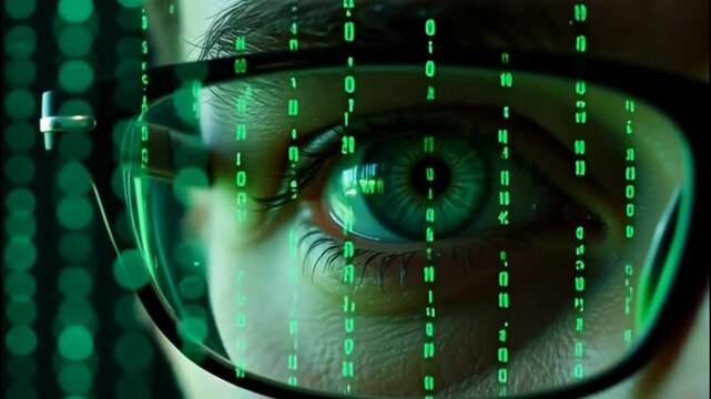 The image features a close-up of a person's face, focusing on their eyes behind glasses, reflecting green digital code.