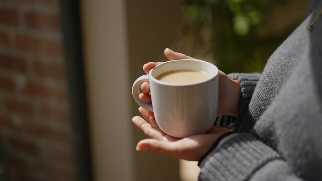 A person holding a white coffee cup with steam coming out of it. The person is wearing a gray sweater
