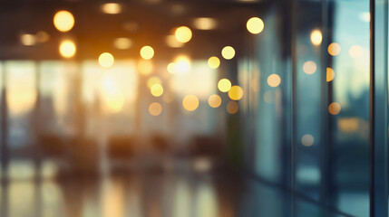 An abstract blurred background of a modern office interior, with golden bokeh lights from a window overlooking a city at sunset