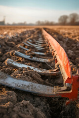 Close-up of a heavy plow cultivating a rural field at sunrise, a dramatic scene of agricultural machinery at work