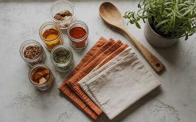 Assortment of cooking spices and herbs with kitchen utensils and linen napkins on a white surface