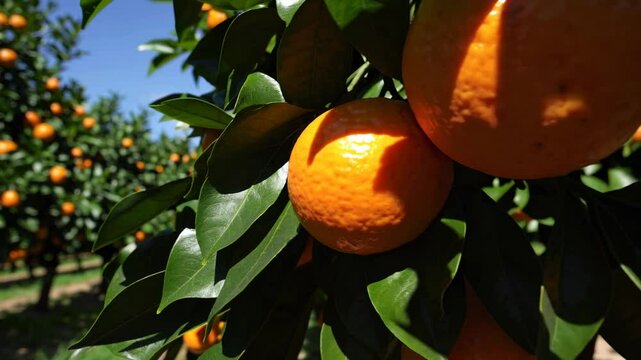 Lush orange trees laden with ripe fruit stretch in perfect rows across a vibrant grove, the bright citrus contrasting against the deep green foliage under a partially cloudy sky
