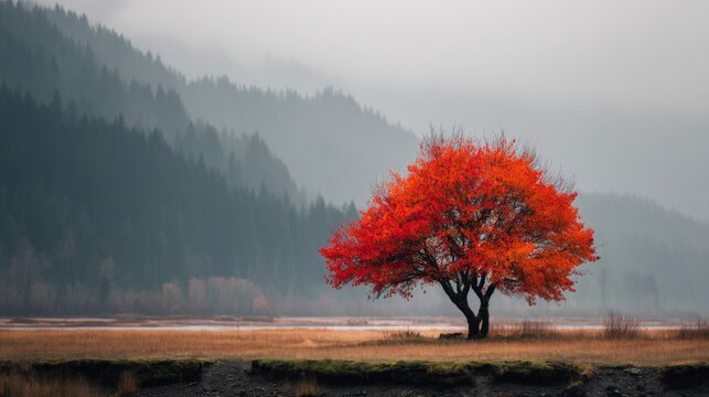 Solitary Red Tree in Foggy Autumn Landscape