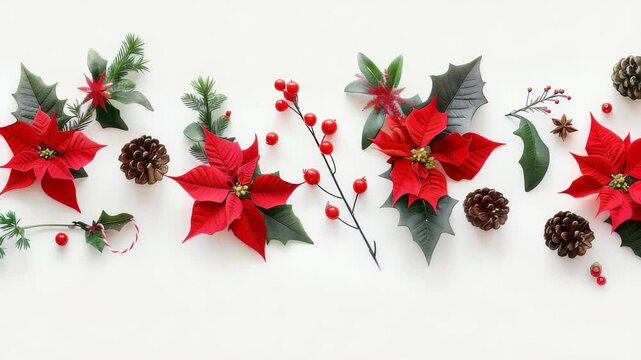 A top-down view of a Christmas-themed arrangement on a clean white surface. Red poinsettias, pinecones, holly sprigs, and clusters of red berries evoke holiday cheer.