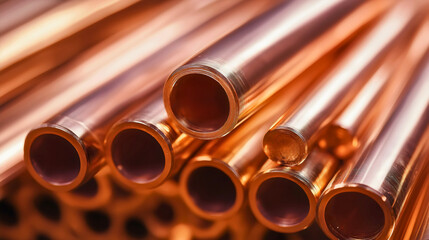 A macro closeup of a stack of new copper pipes, a shiny metallic background of raw materials for the construction and plumbing industry
