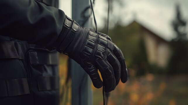 Close-up view of a person's gloved hand holding a bow.