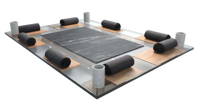 3D render of a meditation class setup with mats, transparent background