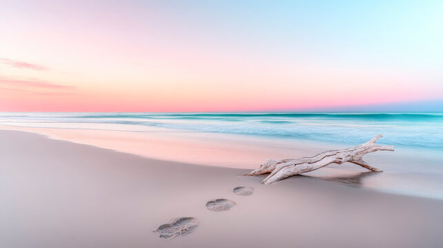 Atmospheric Sunrise Beach Scene with Driftwood Log and Footprints on Smooth Sand for Coastal Storytelling Photography
