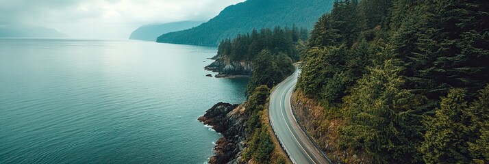 Peaceful drive through nature along a coastal forest road and ocean