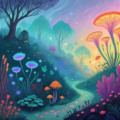 Naklejka premium Enchanted Forest Trail Colorful Glowing Flora and Mushrooms, Fantasy, Landscape