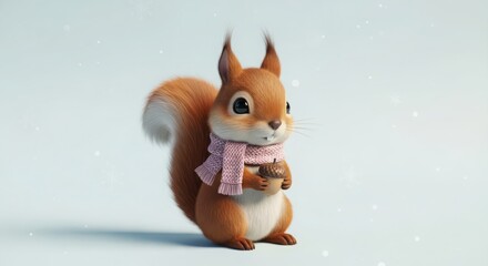 Cute cartoon squirrel wearing a pink scarf is holding an acorn, surrounded by a soft winter background with falling snowflakes, evoking a cozy seasonal atmosphere