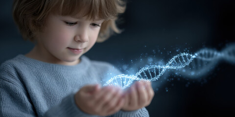 Personalized medical technology inspires curiosity as young child gently holds glowing digital DNA strand in their hands