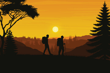 Fototapeta premium Silhouetted Hikers Walking on a Mountain Forest at Sunset with Backpacks and Trekking Poles. Rolling Hills, Pine Trees, and a Glowing Sun on the Dusk Horizon. Beautiful Nature Landscape Illustration.