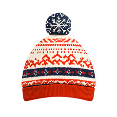 An isolated knitted winter beanie with a traditional Nordic snowflake pattern and a pom-pom, a cozy red and white festive holiday accessory