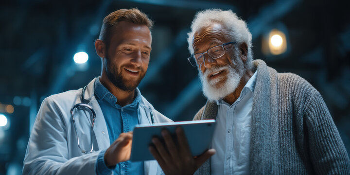 Personalized medical technology discussion between doctor and senior patient using digital tablet in modern healthcare setting