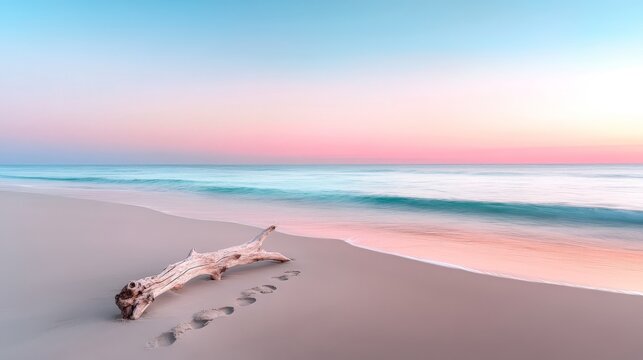 Atmospheric Sunrise Beach Scene with Driftwood Log and Footprints on Smooth Sand for Coastal Storytelling Photography