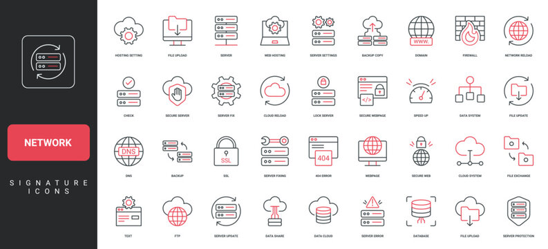 Web hosting, server and database settings, domain and firewall, cloud backup line icon set. Data center and online network security, DNS and FTP thin black and red outline symbols vector illustration