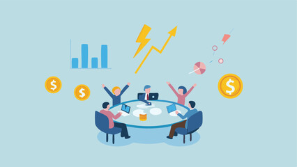 A meeting with team members celebrating success with graphs and money symbols around them in light blue