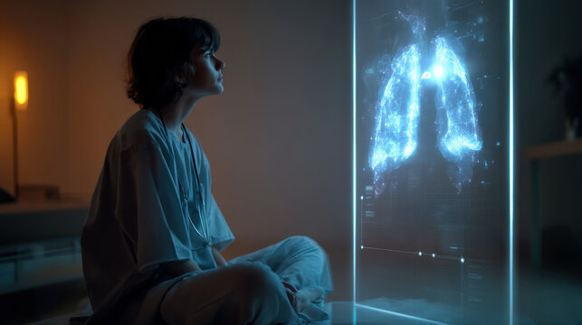 Personalized medical technology displayed on futuristic screen shows young patient viewing digital lung scan in calm clinical setting