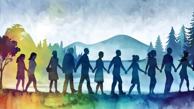 Diverse group of people walking together holding hands. Silhouettes of different ages and nationalities. One person uses a wheelchair. The concept of support, inclusion.