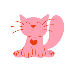 Romantic cute pink kitten with heart on white isolated background. Hand draw vector illustration with sweet cat
