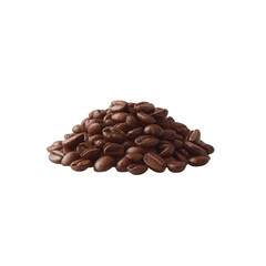 A pile of freshly roasted coffee beans on a white isolated background, showcasing their rich brown color and unique textures, perfect for coffee enthusiasts and culinary uses.
