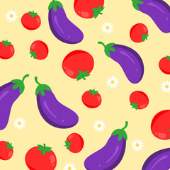 Tomato and eggplant seamless pattern with flower decoration. Vegetable illustration. Healthy food vector. Can be used for wallpaper, paper wrapping, kitchen element and fashion fabric